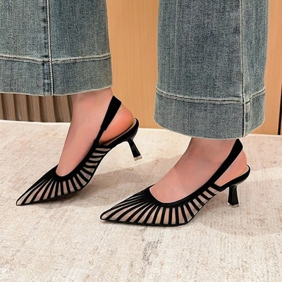 Французский стиль женщин остроконечный носок в полоску слинга 6,5 см шпилька каблук вечеринки туфли - Изображение 1 из 4