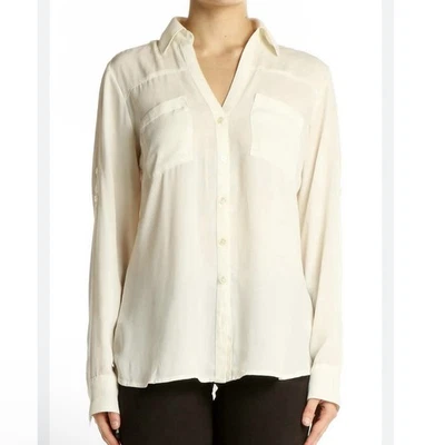 Express Portofino Shirt Beige Bone Button Up Roll Tab Long Sleeve Blouse Top Sm - Image 1 of 4