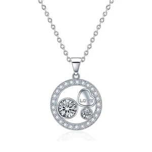 Love Circle Pendant Necklace with CZ Stones 14k White Gold Plated Women Necklace - Picture 1 of 7