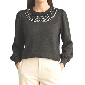 Zara Charcoal Gray Jewel Embellished Collar Long Sleeve Sweater Top L Chic 61-02 - Picture 1 of 15