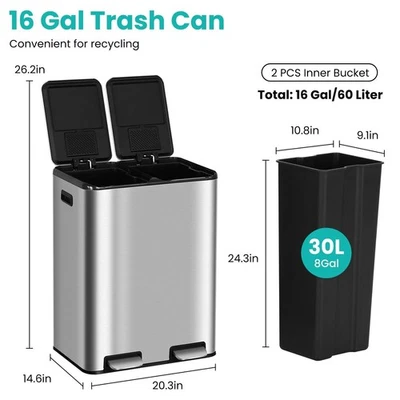 16 Gallon Stainless Steel Kitchen Trash Can Dual Compartment Step On Garbage Bin - Image 1 of 4