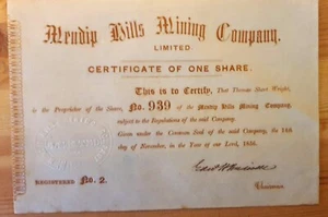 Mendip Hills Mining Company 1 acción 1856 EF Lead Mining Cert No. 939 muy raro - Imagen 1 de 1