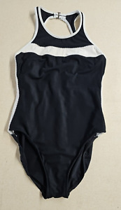 Vintage One piece Swimsuit Size Small Medium Black White Retro Stripe High Neck