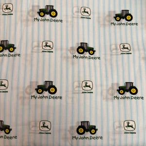 My John Deere Tractor Logo on Ticking Blue 14" Cotton Quilt Fabric Craft #917 - Picture 1 of 4