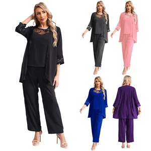 Womens Chiffon Elegant Wedding Evening Dresses 3/4 Sleeve Three Piece Pant Suits - Picture 1 of 71