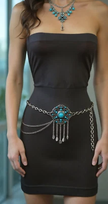 Mujeres Plata Metal Cadena Cinturón Ajustado Azul Turquesa Étnico Flor Dije XS S M Foto 1 de 4