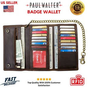 RFID Blocking Mens Biker Vintage Genuine Leather Long Trifold Chain Biker Wallet - Picture 1 of 8