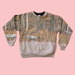 Deer Nature Y2K Grunge Skater Sweatshirt Vintage 1990s Army Brown Nature Graphic - Picture 1 of 5