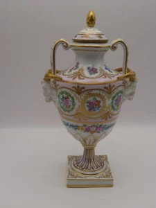 Attractive Vintage Dresden Porcelain Vase Urn Rams Head Handles - 7.5" - Picture 1 of 8