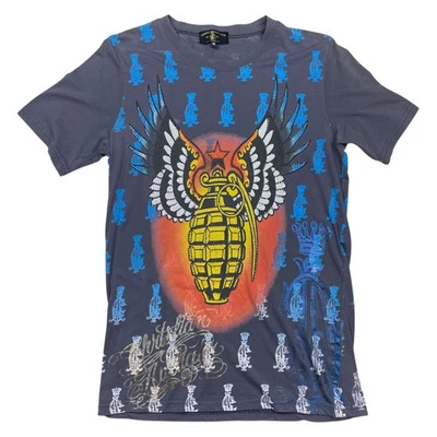 Christian Audigier T Shirt Grey Sequined Short Sleeve Graphic Print Ladies UK10 - Image 1 of 4