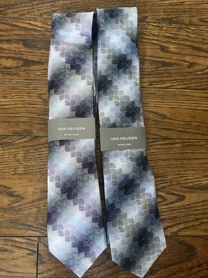 Lot Of 2 Van Heusen Extra Long Ties Purple Blue Squares Geometric Silk Polyester - Image 1 of 4