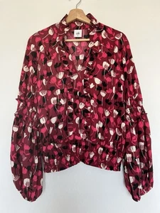 CABI Poppy Floral Blouse Sz M Ruffle Split Neck Balloon Sleeves Ruche Waist Boho - Picture 1 of 12