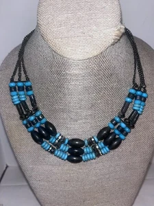 Böhmische Holz und Kunststoff Grob Perlen Halskette Blau und Braun 19" Lot X - Bild 1 von 4