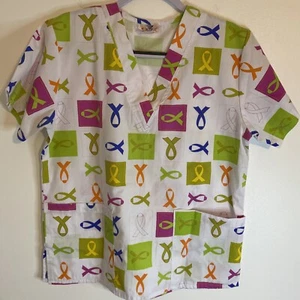 Expo Scrub Top Medical Uniform Colorful Ribbon Awareness V-neck Small - Picture 1 of 9