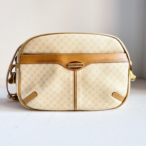 Borsa a tracolla vintage Paulo Gucci beige chiaro rivestita tela bordo pelle fotocamera