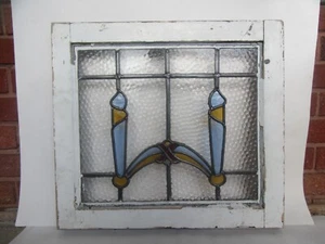 Antique Stained Lead Amber & Blue Glass Panel w/ White Painted Mortised Frame - Picture 1 of 24
