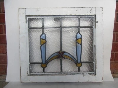 Antique Stained Lead Amber & Blue Glass Panel w/ White Painted Mortised Frame - Image 1 of 4