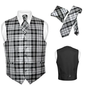 Men's Plaid Design Dress Vest NeckTie Black GRAY White Neck Tie Hanky Suit Tux - Picture 1 of 27