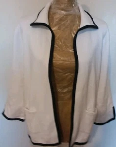 Jones new york Cardigan Sweater White With Blue Trim Open Front 2 Front Pockets - Picture 1 of 6