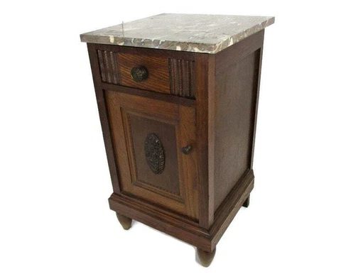 Antique Art Deco Art Nouveau Brown Marble top Side Cabinet Table Nightstand Stun Cover