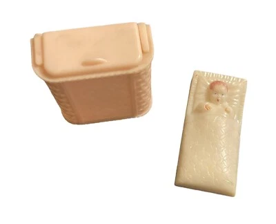 Renwal Vintage Baby In Bed Red Hair & Pink Clothes Hamper Doll House Furniture - Image 1 of 4