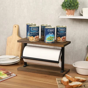 Rustic Wood & Metal Kitchen Paper Towel Holder Countertop Rack w/ Top Shelf - Picture 1 of 7