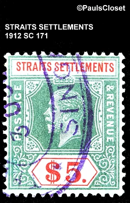 ASENTAMIENTOS DEL ESTRECHO 1912 SC 171 REY GEORGE V $5 GRN Y ROJO EN GRN PR UNG F/VF Foto 1 de 2