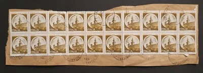 Italy Stamps 1980 Milan Castle 10m block of 20 used on piece Salerno cancels - Image 1 of 2