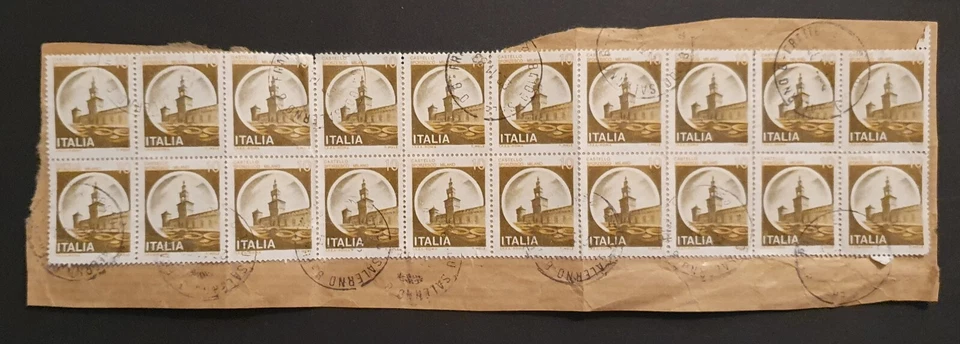 Italy Stamps 1980 Milan Castle 10m block of 20 used on piece Salerno cancels - Image 1 of 2