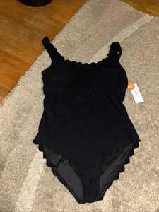 NWT CHARMO womens black ribbed one piece swimsuit scallop accent XL - Picture 1 of 4