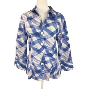 Foxcroft 12 Wrinkle Free Fitted Button Up Shirt Top 3/4 Sleeve Blue Plaid FLAW - Picture 1 of 14