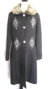 Tracy Reese New York grau Wolle Seide Mantel Kunstfell Kragen Pailletten Gr. 10 USA - Bild 1 von 17