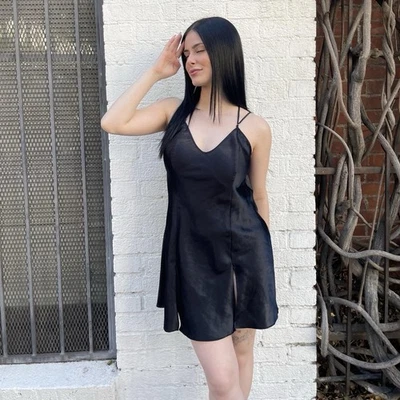 De Colección Y2k Fredericks Hollywood Mini Vestido Sin Mangas Negro Satinado Vestido Tirantes Glamour Años 90 S Foto 1 de 4