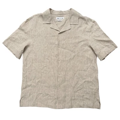 Zara Shirt Mens Size M Hawaiian Camp Collar Oversized Fit 100% Linen Beige - Image 1 of 4