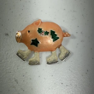 Kim Rogers Weihnachten Eislaufen Schwein Brosche Anstecknadel funkelnder Feiertagsschmuck - Bild 1 von 7