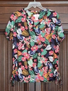 Neu ohne Etikett Stella Parker V-Ausschnitt Blumen T-Shirt mit verstellbaren gerafften Seiten Gr. L Large - Bild 1 von 5