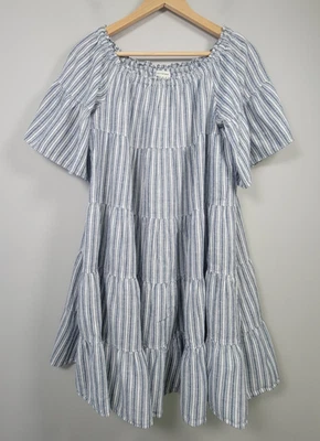 Vestido Babydoll Max Studio XL Rayas Mezcla de Lino Manga Acampanada Azul en Niveles Foto 1 de 4