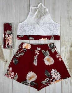 Shein Girls Red Floral Top & Shorts Set Size 100 3-4 Yrs Sleeveless Beach A1718 - Picture 1 of 11