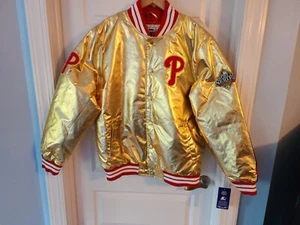 NWT Starter Philadelphia Phillies Metallic Gold Satin Jacket Men’s Sz L $150 - Picture 1 of 5