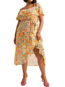 SIMPLY BE FLORAL PRINT BARDOT WRAP STYLE MIDI SUMMER DRESS - 16 18 22 26 28 32 - Picture 1 of 4