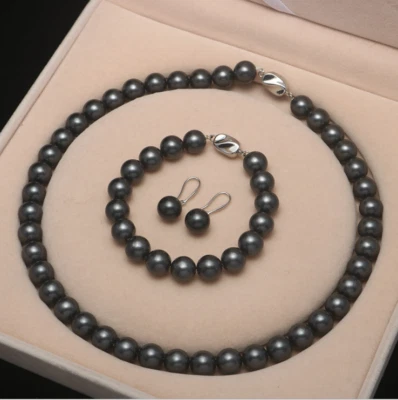 Conjunto de aretes pulsera collar perlas concha de mar negro redondo de 10 mm regalo madre niña Foto 1 de 2