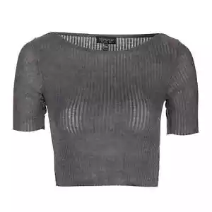 TopShop Slash Crewneck Crop Top Shirt 3/4 Sleeve Tee Gray Size 6 - Picture 1 of 5