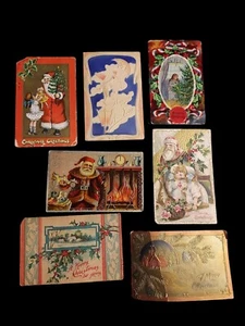 Antike Weihnachten Ephemera Lot von 7 Postkarten eine ist gestempelt Dez 19 1908 - Bild 1 von 3