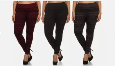 NWT PLUS SIZE BOHEMIAN TRIBAL PRINT SEAMLESS FLOCKING FLEECE LEGGINGS XFLK15FL07 - Image 1 of 2