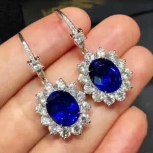 3 Ct Oval Cut Simulated Sapphire Elegant Women Earring 14k White Gold Plated - Picture 1 of 7