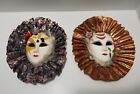 2 Painted Decorative Ceramic Carnival Mardi Gras Masks 9" Ruffles, Wall Hanging