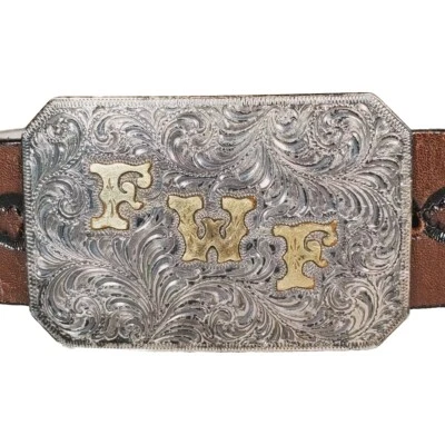 Cust M Bilt Sterling Silver Monogram Engraved Belt Buckle Reno NV Embossed Belt - Image 1 of 4