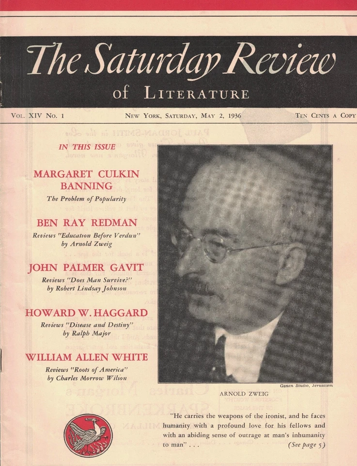 The Saturday Review of Literature May 2 1936 Arnold Zweig Ralph Major Foto 1 de 1