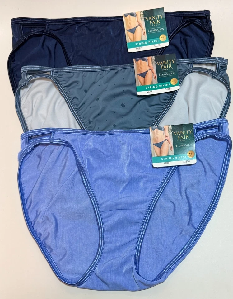 NWT 3 Vanity Fair Illumination String Bikini Panties 18108 Navy/Moon/Mocking 7/L - Image 1 of 1