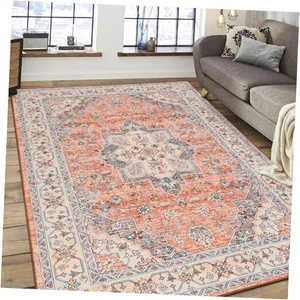 Vintage Vorleger für Wohnzimmer, 5x8 Orange Blumen Medaillon Waschbar Teppich - Bild 1 von 8